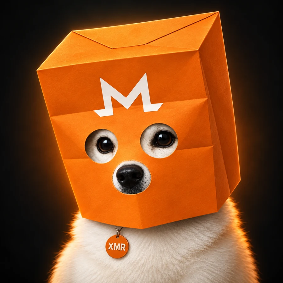 Mysterious Inu wearing an orange paper bag with the Monero emblem